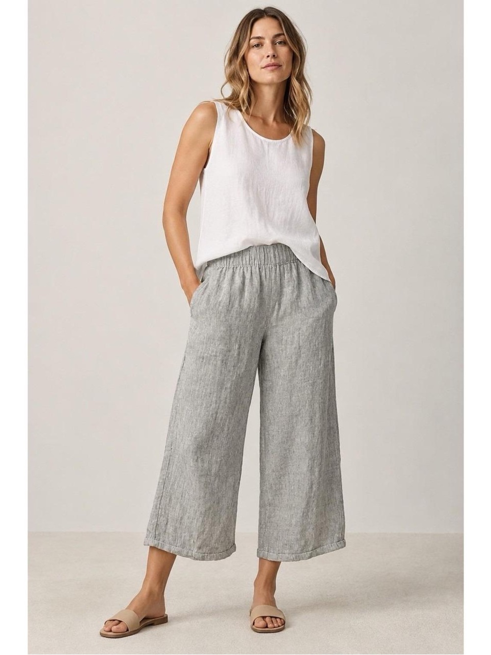 Eileen Fisher 100% Organic Linen Wide Leg Crop Pants Gray 1X